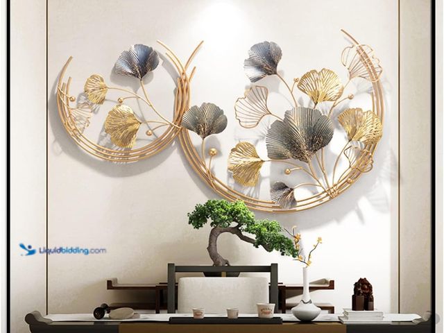 Lot 49-3532476 - CDDUOLA 3D Room Wall Decor, Handmade Art Metal Round Golden Ginkgo Leaf Decorative Wall Sculpture fo...