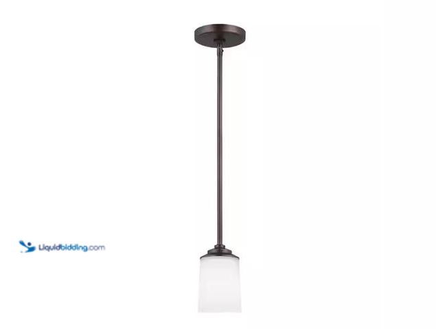 Lot 49-1574787 - Generation Lighting Kemal 1-Light Burnt Sienna Transitional Mini Pendant with Etched/White Inside Gl...