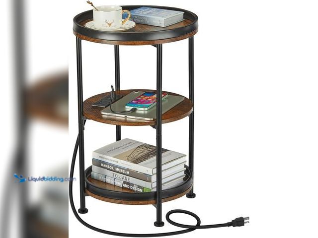 Lot 49-5437481 - Round Side Table with Charging Station, End Table with 3 Shelves for Living Room, Bedroom Nightstand...