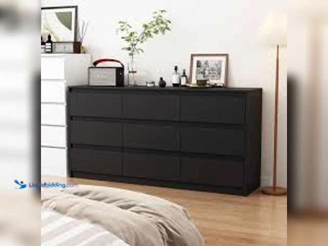 Lot 49-5407492 - FUFU&GAGA 9-Drawer Black Wood Dresser Modern Style 31.5 in. H x 63 in. W x 15.7 in. DModel: KF250020...