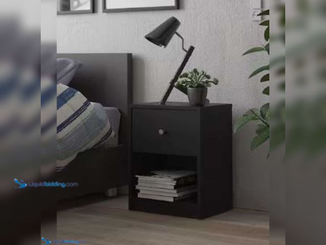 Lot 49-1911397 - New Portland Nightstand Black Wood 1-drawer nightstand Portland Black 1-Drawer Nightstand, 19.06 in....