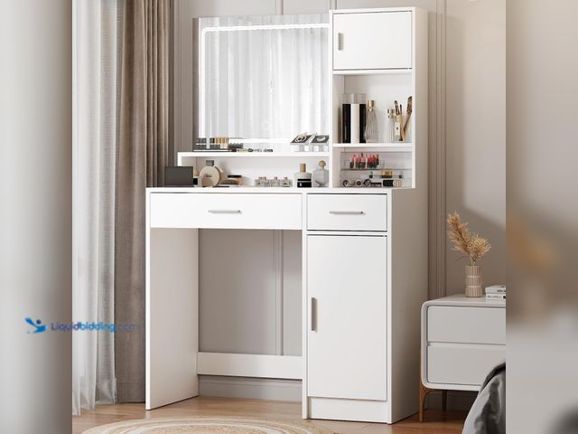 Lot 49-5484585 - MIRROTOWEL Vanity Desk with Mirror and LED Light Strip,Dressing Table with Large Drawer, 3 Level Sto...