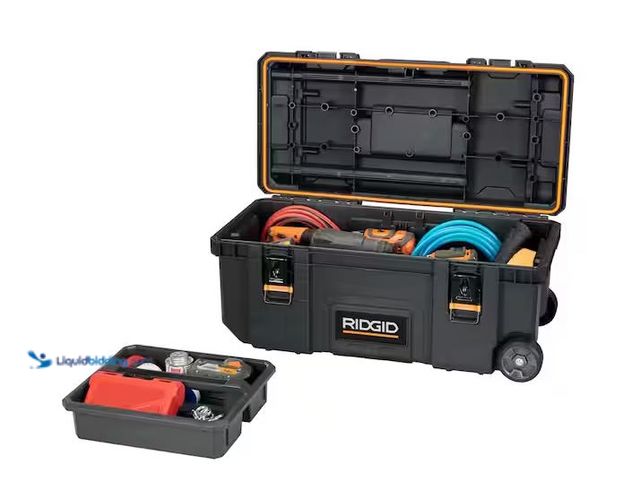 Lot 49-1572045 - RIDGID Pro Gear System Gen 2.0 Mobile Job 28 in Durable Rolling Tool Box With Telescopic Handle Mode...