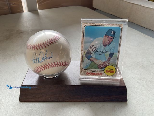 Lot 49-3503745 - Other VERY NICE WOOD BASE CARD AND BALL HOLDER WITH DETROIT TIGERS LEGEND PAT DOBSON AUTOGRAPHED BAS...