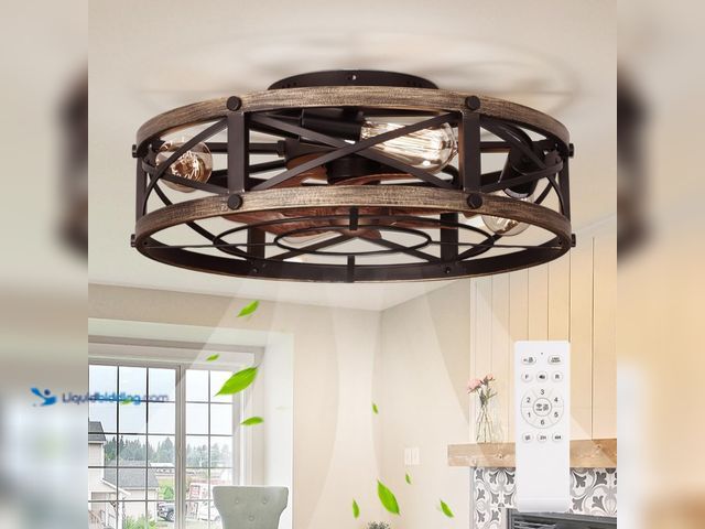 Lot 49-3528124 - 19" Farmhouse Flush Mount Caged Ceiling Fans with Lights, 6 Speeds, Rustic Low Profile Ceiling Fan w...