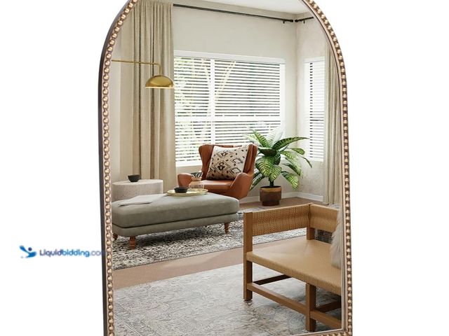 Lot 49-1566732 - Wemily Arched Wall Mirror 24" x 36",Antique Gold Metal Beaded Frame, Decorative Accent Mirror for Ba...