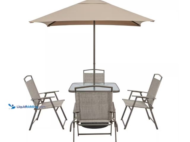 Lot 49-1515889 - StyleWell Amberview 6-Piece Sling Folding Outdoor Dining Set with Umbrella, Model # FDS50285C-ST5, U...