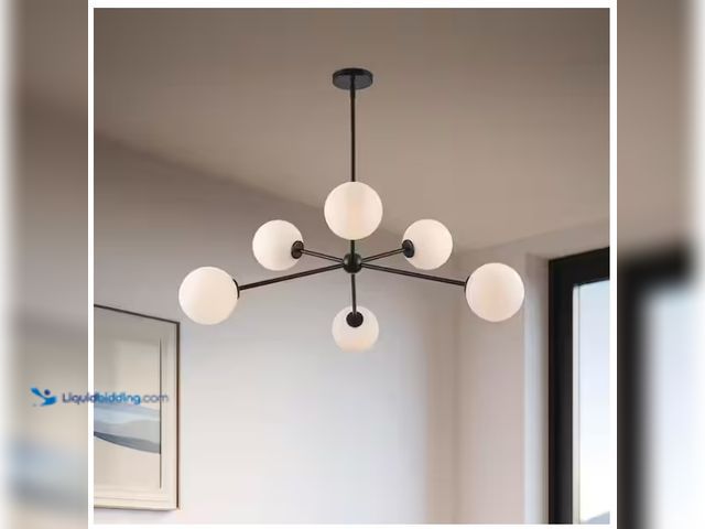 Lot 49-1622508 - Monteaux Lighting 39 in. 6-Light Black Sputnik Pendant Light Fixture with Opal Glass Globe Shades, M...