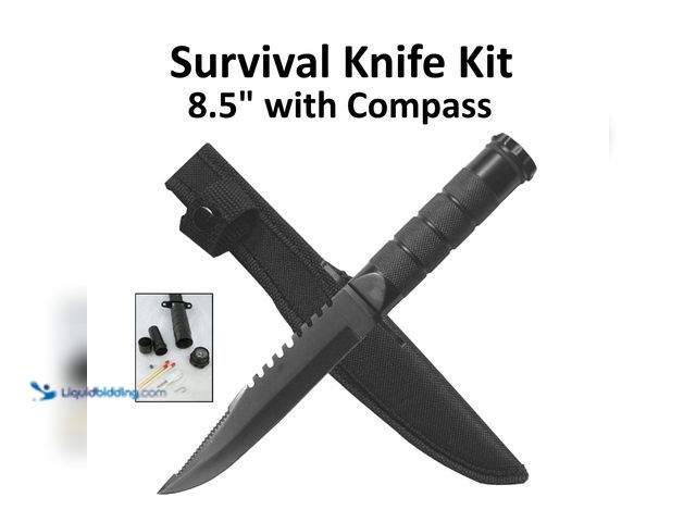 Lot 49-5434385 - Fixed Blade Knife with Emergency Survival Kit and Compass 8.5" Black - NEW - This fixed blade surviv...