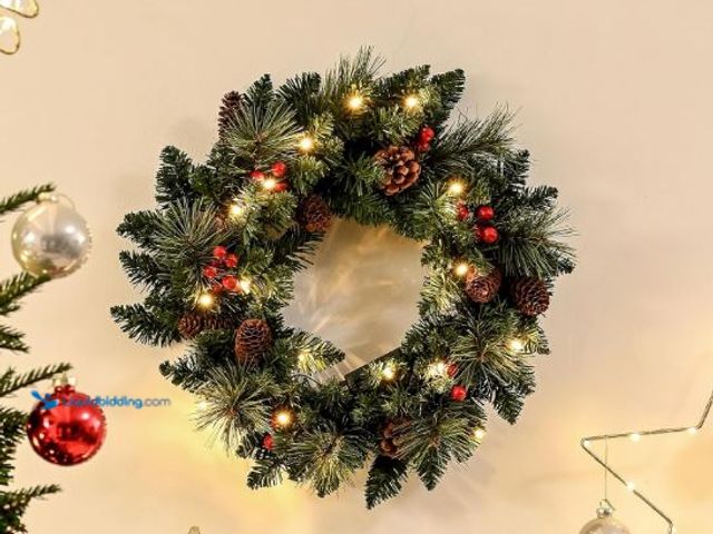 Lot 49-1544897 - 20Inch Light up Christmas Wreath, Pre-Lit Artificial Wreath for Christmas Door Decoration, Battery O...