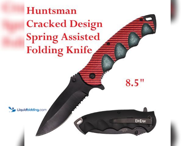 Lot 49-1616240 - ElitEdge Huntsman Cracked Design Spring Assisted Folding Knife 8.5" Red/Grey with Partially Serrated...