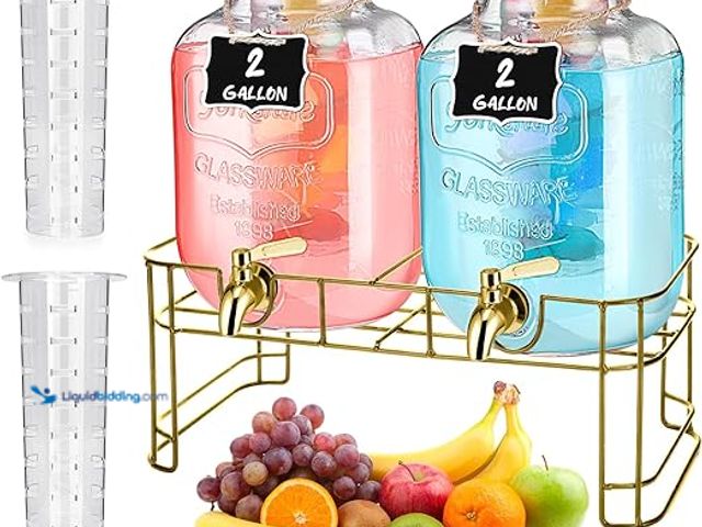 Lot 49-5407766 - 2 Pcs Glass Drink Dispenser for Parties Glass Water Beverage Dispenser with Stand Ice Cylinder 18/8 ...