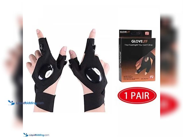 Lot 49-5388229 - LED Glove Lights - 1 Pair Black - NEW - These flashlight work gloves contain 1 LED on index finger a...