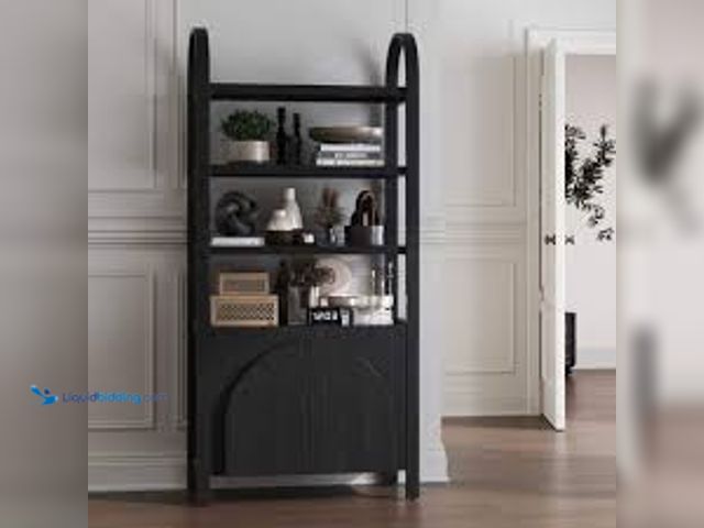 Lot 49-5483713 - Nathan James Iris 71 in. Tall Black Oak Solid Wood 3-Shelf Open Bookcase with Cabinet Base and Adjus...