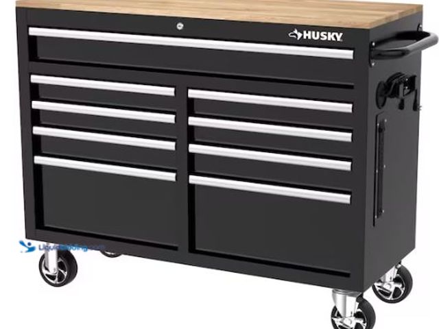 Lot 49-1518128 - Husky Tool Storage 46 in. W x 18 in. D 9-Drawer Mobile Workbench Cabinet in Gloss Black Model # H46X...