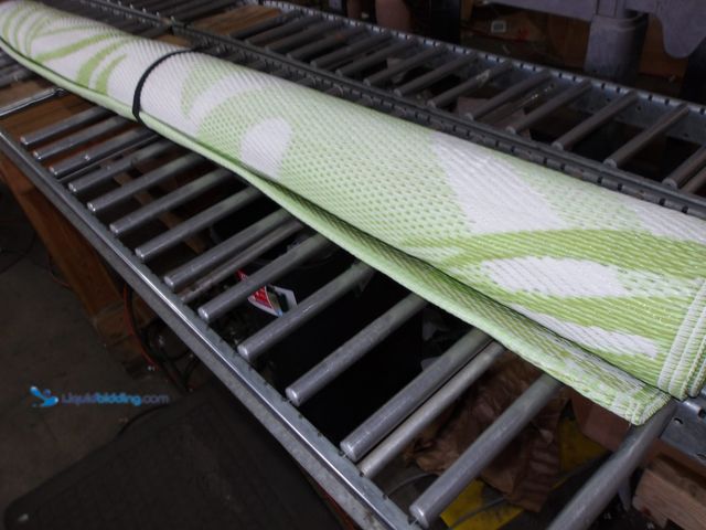 Lot 49-3464077 - 51" X 5', Outdoor Plastic Patio Area Rug, White/ Lime Green, Unused  Ref#MTMED-0627