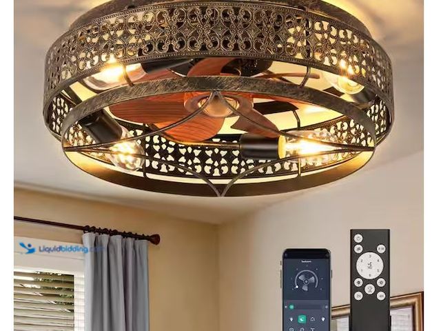 Lot 49-1576471 - ARISKEEN 18 in. Indoor Caged Ceiling Fan with Light, Low Profile Flush Mount Ceiling Fan with Remote...