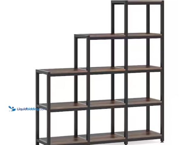 Lot 49-1630980 - Bella 51.6 in. Rustic Brown Wood 12-Shelf Ladder Bookcase with 9-Cube Storage, Model # HD-K0002, New...