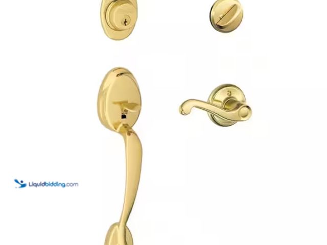 Lot 49-3433468 - Schlage Plymouth Bright Brass Single Cylinder Door Handleset with Flair Handle, Model # F60 G PLY 60...