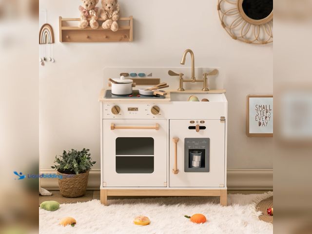 Lot 49-5413373 - ROBOTIME Play Kitchen for Toddlers, Wooden Kids Play Kitchen Playset with Real Lights & Sounds/Ice C...