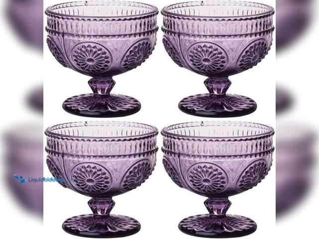 Lot 49-3527740 - CHOOLD 4-Piece Vintage Flower Embossed Glass Footed Dessert and Salad Bowl Set - 9 Oz Each. Unused