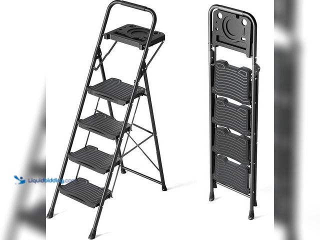 Lot 49-3536407 - KINGRACK 4 Step Ladder with Tool Platform, Sturdy Step Stool, Anti-Slip Wide Pedals, Handrail, Folda...
