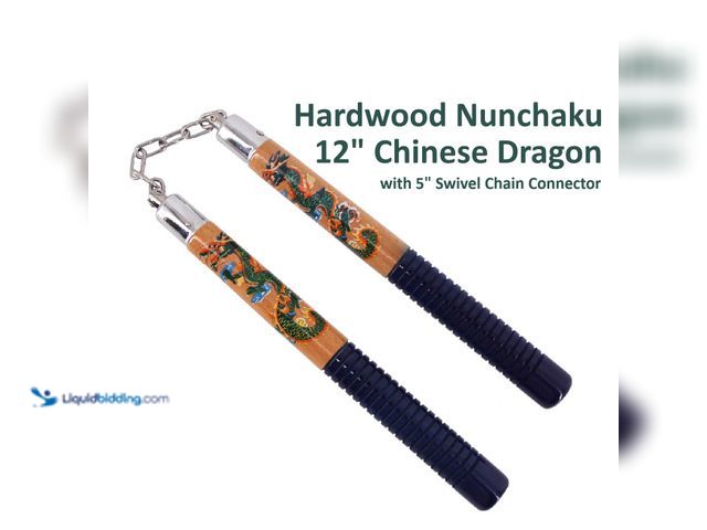 Lot 49-1820702 - Hardwood Nunchaku 12" Chinese Dragon with Ribbed Black Handles - NEW - There's a lot going on with t...