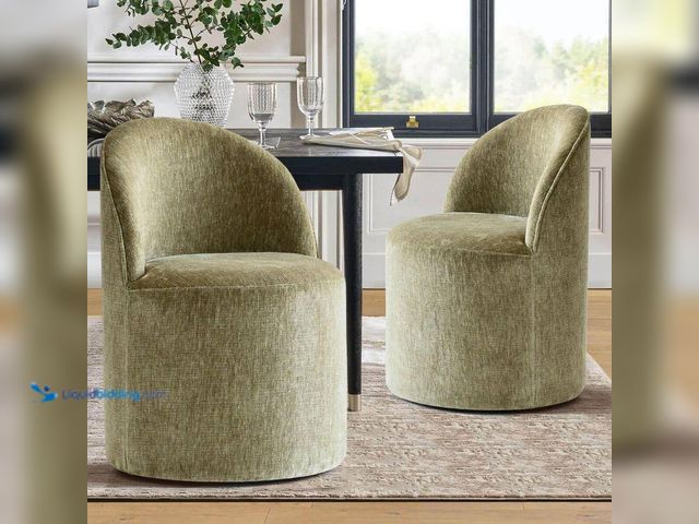 Lot 49-3614944 - 2-Pc Sage Green Chenille Upholstered Barrel Dining Chair Set - Chairs with Roller Wheels - Unused (M...