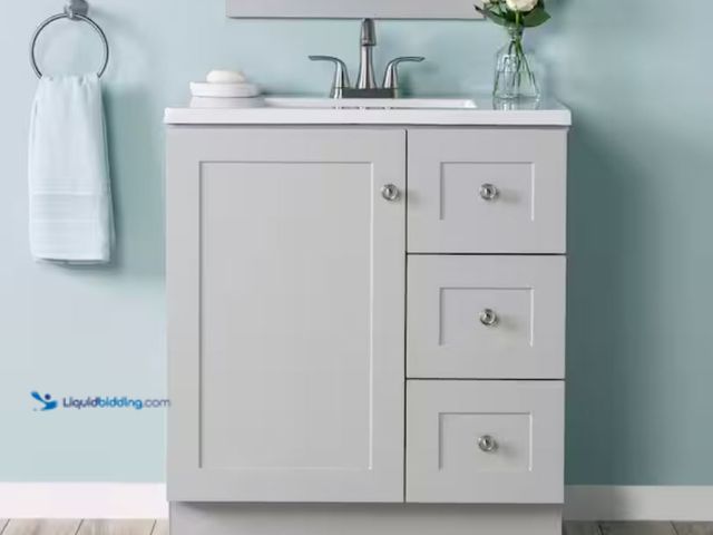 Lot 49-2005646 - Glacier Bay Bannister 31 in. Single Sink Pearl Gray Freestanding Bath Vanity with Granite-Look Color...