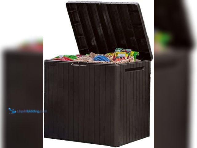 Lot 49-3563700 - Keter City 30 Gallon Resin Outdoor Storage Box and Patio Furniture Side Table for Pool and Garden Ac...