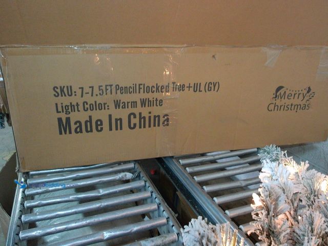 Lot 49-1546951 - 7-7.5FT Pencil Flocked Tree, Pre-Lit in Warm White, Artificial, Green, Tested works, Powers on.   Re...