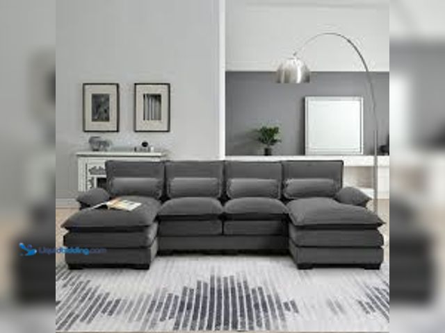 Lot 49-5483605 - 110" Modular Sectional Sofa with Waist Pillows, U-shaped 6-seat Chenille Couch w/ Double Chaise Loun...