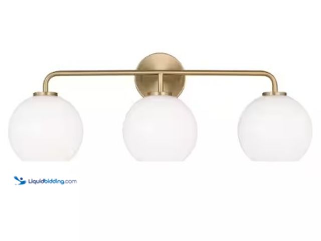 Lot 49-2025659 - Generation Lighting Orley 26.5 in. 3-Light Satin Brass Bathroom Vanity Light with Milk Glass Shades,...
