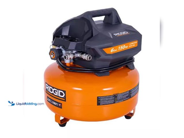Lot 49-5556935 - RIDGID
6 Gal. 150 PSI Portable Electric Oil-Free Jobsite Pancake Air Compressor with Dual Pressure ...
