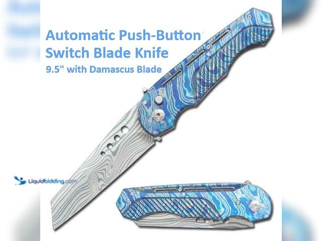 Lot 49-5434386 - Automatic Push-Button Switch Blade Knife 9.5" Blue Damascus - NEW - This Maddox automatic knife is e...