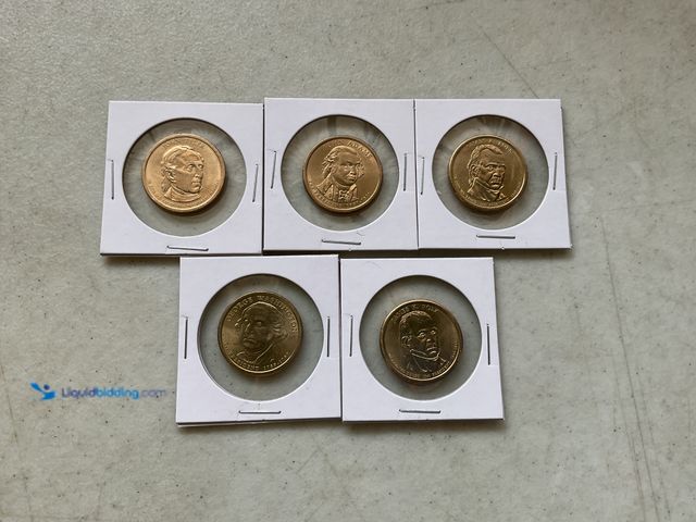 Lot 49-3609243 - LOT OF 5 PRESIDENTIAL GOLD (IN COLOR) ONE DOLLAR COINS INCLUDING TYLER, ADAMS, POLK, AND WASHINGTON