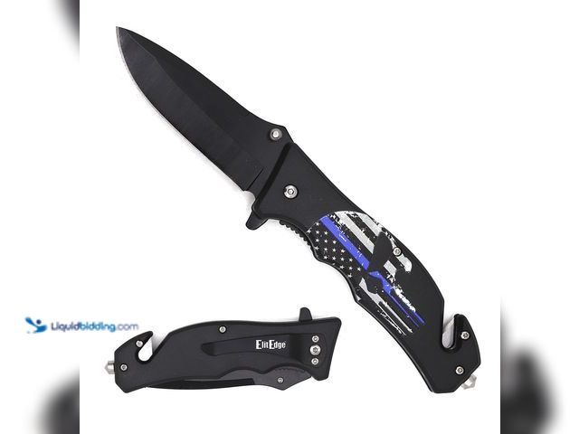 Lot 49-1811761 - ElitEdge Tactical Rescue Spring Assisted Folding Knife 8.25" Punisher Skull Blue Line Flag - NEW - T...