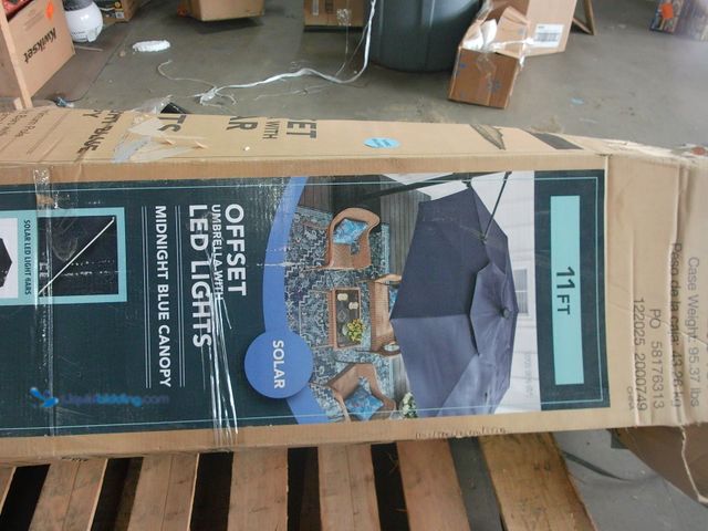 Lot 49-1629206 - Hampton Bay 11 ft. Aluminum Cantilever Solar LED Offset Patio Umbrella in Midnight Blue, Model # URM...