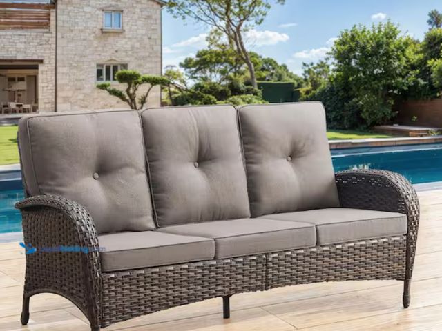 Lot 49-2000069 - Bellefurn Rotavia Brown PE Wicker 1-Piece Outdoor Couch with Gray Olefin Thick Cushion Guard Cushion...