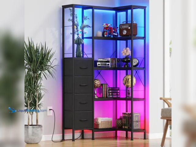 Lot 49-3600180 - Corner Bookshelf with LED Light Strips & 4 Fabric Drawers, 5-Tier Convertible Corner Shelf with Disp...
