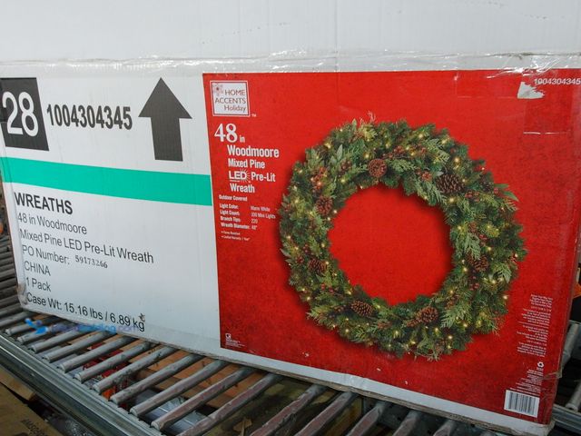 Lot 49-1541765 - 48" Woodmoore Mixed Pine LED Pre-Lit Wreath, 100 Warm White Mini Lights, Home Accents, Holiday, Unus...