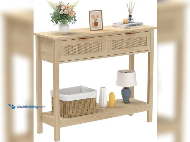 Lot 49-5445931 - Farmhouse Rattan Console Table with 2 Drawers 2 Tier Boho Narrow Long Sofa Table Natural with Open S...