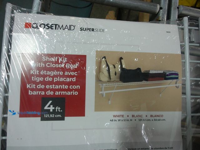 Lot 49-1555704 - ClosetMaid 5631 Super Slide Ventilated Shelf Kit with Closet Rod, 4-Foot x 12-Inch, White, Model# B0...