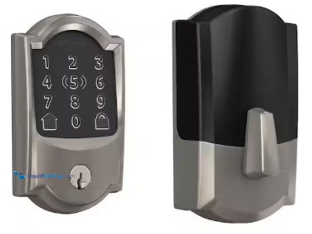 Lot 49-2022783 - Schlage Camelot Satin Nickel Electronic Encode Plus Smart WiFi Deadbolt with Alarm, Model # BE499WB ...