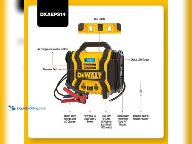 Lot 49-5554131 - DEWALT 2000-Peak Amp Portable Jump Starter with Digital Compressor, USB and AC Power Bank Model # DX...