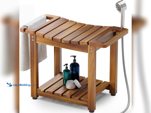Lot 49-5548841 - BLUEWEST 23.4'' Shower Bench Seat with Storage Shelf, Natural Wood Shower Benches for Inside Shower ...