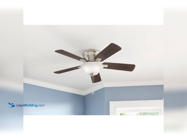 Lot 49-1637960 - Hampton Bay Hawkins III 44 in. LED Indoor Brushed Nickel Flush Mount Ceiling Fan with Light, Unused,...