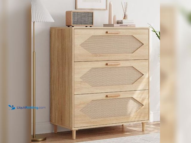 Lot 49-1631906 - Garvee 3-Drawer Rustic Rattan Dresser for Bedroom, Model # PHO_15z3HIUR, Unused.  Ref#PA0804