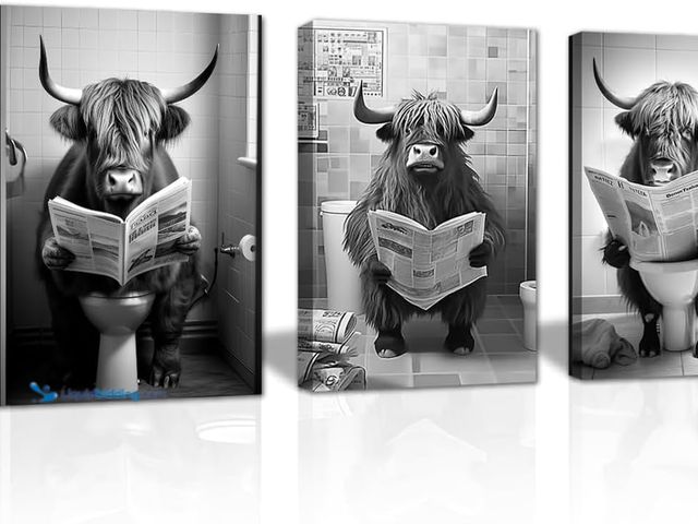 Lot 49-5410693 - Funny Bathroom Wall Art 3 Panel Highland Cow Sitting on Toilet Reading Newspaper Canvas Prints Black...