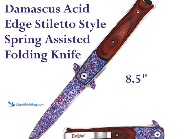 Lot 49-3435070 - Damascus Acid Etched Stiletto Style Spring Assisted Folding Knife 8.5" with Wood Overlay Handle - NE...